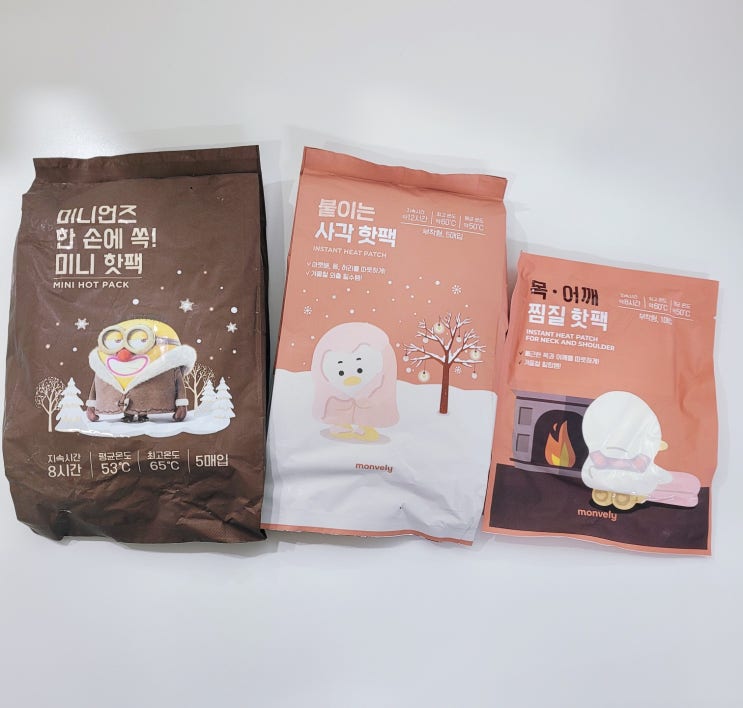  올리브영 몽블리 붙이는 사각 핫팩 목 어깨 찜질 핫팩 미니언즈 한 손에 쏙 미니 핫팩