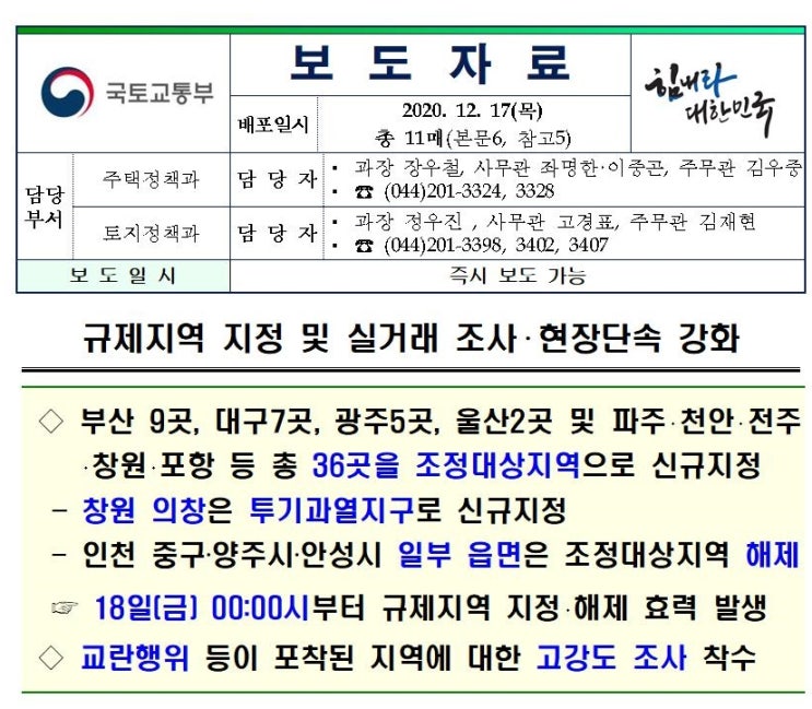  부동산 조정대상지역 및 투기과열지구  신규지정 및 해제(12월18일부터 효력발생) 알아보기