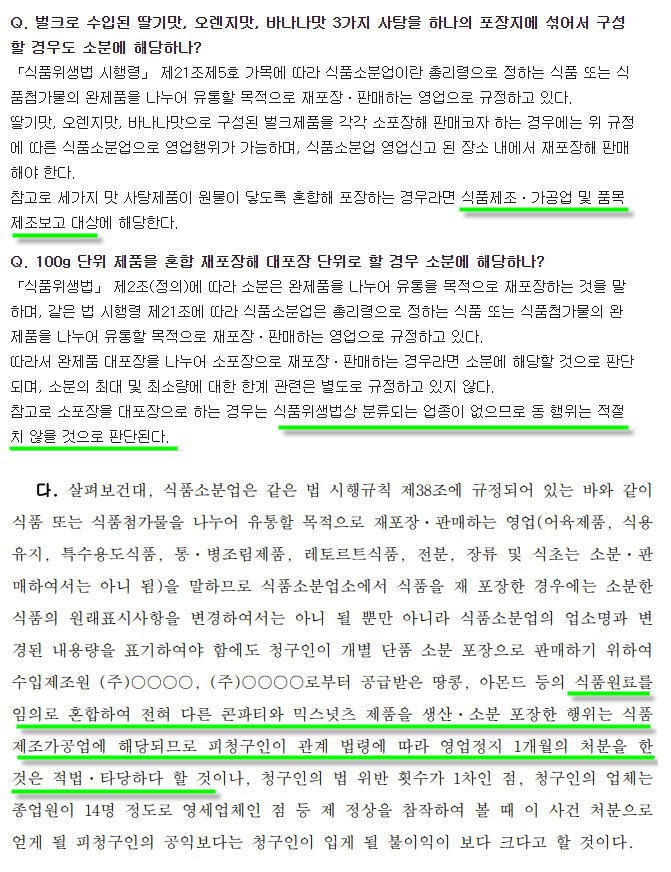  식품소분업에서 혼합 재포장이 가능한가?