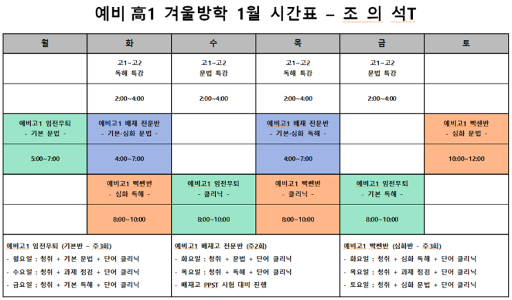  예비고1(현中3) 1월 겨울방학 시간표 안내