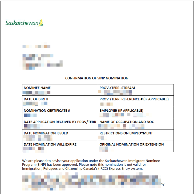  캐나다 워킹홀리데이 SINP Nomination Letter