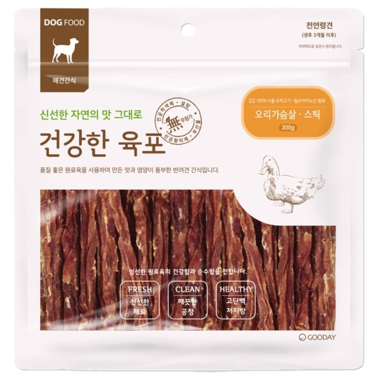  굿데이 건강한육포 반려견간식 대용량 300g 오리가슴살 스틱