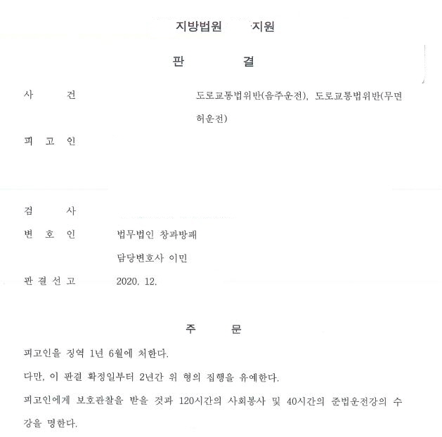  음주운전 집행유예 기간 중 음주운전(4회)  집행유예 선고 사례