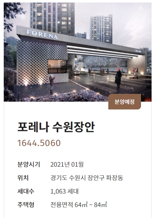  한화 포레나 수원장안 1063세대 2021년 1월 분양예정