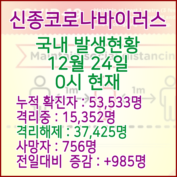  코로나19(코로나바이러스) 12월 24일 0시 국내(해외포함) 발병 53,533명 / 37,425명 완치 격리해제 / 사망자 756명