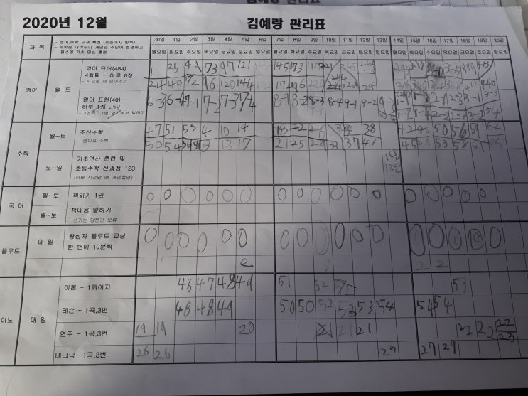  홈스쿨 관리표 - 김예랑 12월 - 수능영어 독해만점 아빠가 말하는 유아 초등영어 파닉스 무용론, 코로나 가정교육