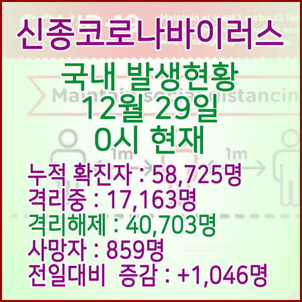  코로나19(코로나바이러스) 12월 29일 0시 국내(해외포함) 발병 58,725명 / 40,703명 완치 격리해제 / 사망자 859명
