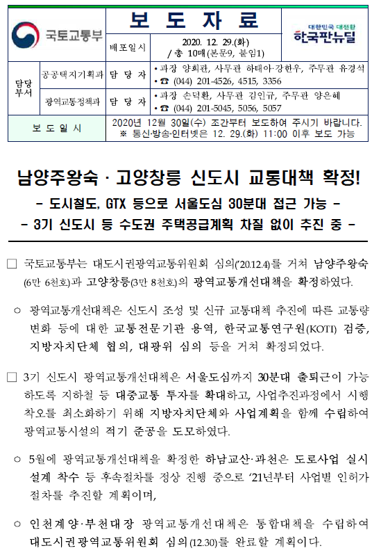  [보도] 남양주 왕숙, 고양 창릉 신도시 교통 대책 확정