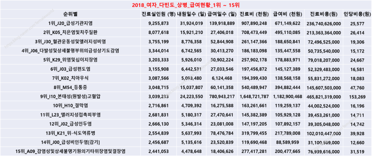  한국 여성 다빈도 질병 구분별 순위
