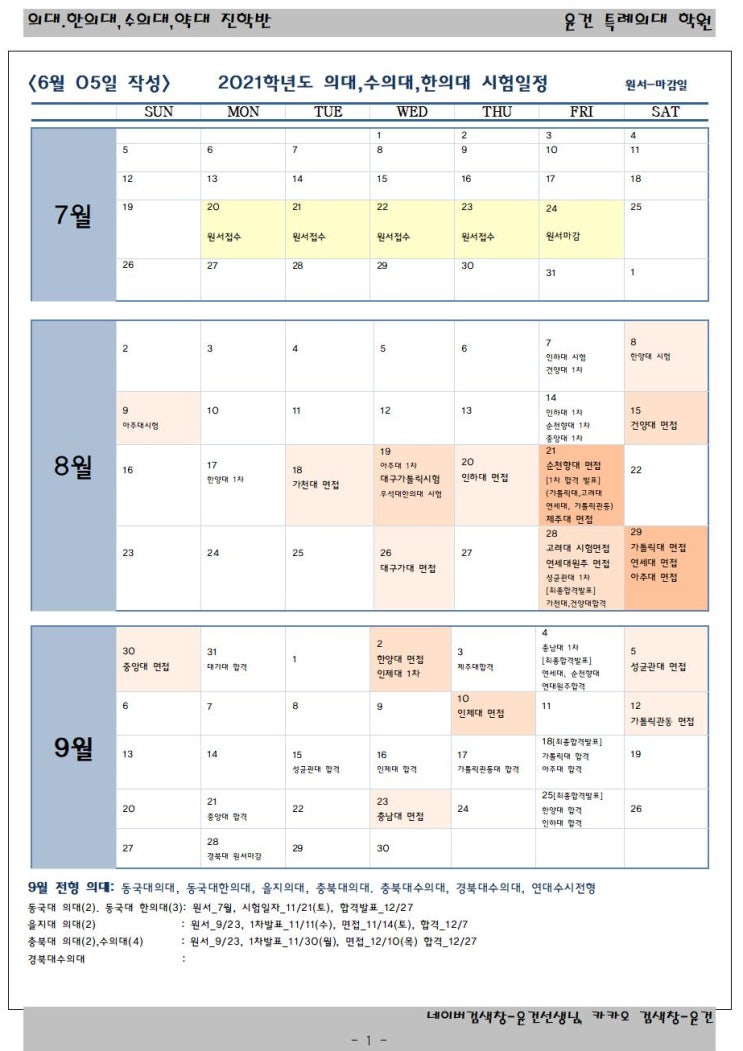  2021학년도 의대,수의대,한의대 입시일정 달력
