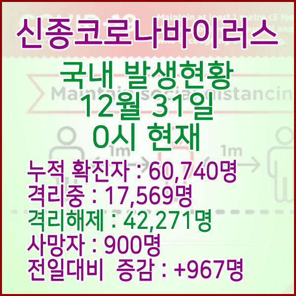  코로나19(코로나바이러스) 12월 31일 0시 국내(해외포함) 발병 60,740명 / 42,271명 완치 격리해제 / 사망자 900명
