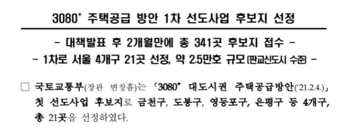  주택공급 1차 후보지 선정 발표, 판교신도시 수준?