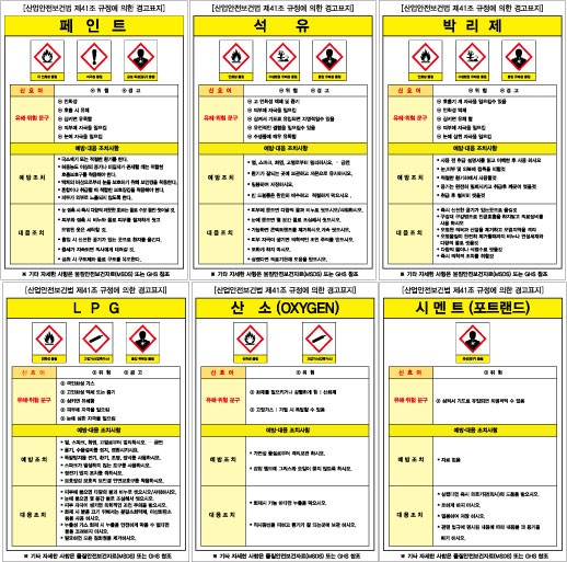 위험물 저장소 위험경고표지 ( 박리제, 석유, 페인트, 산소, LPG, 시멘트 )