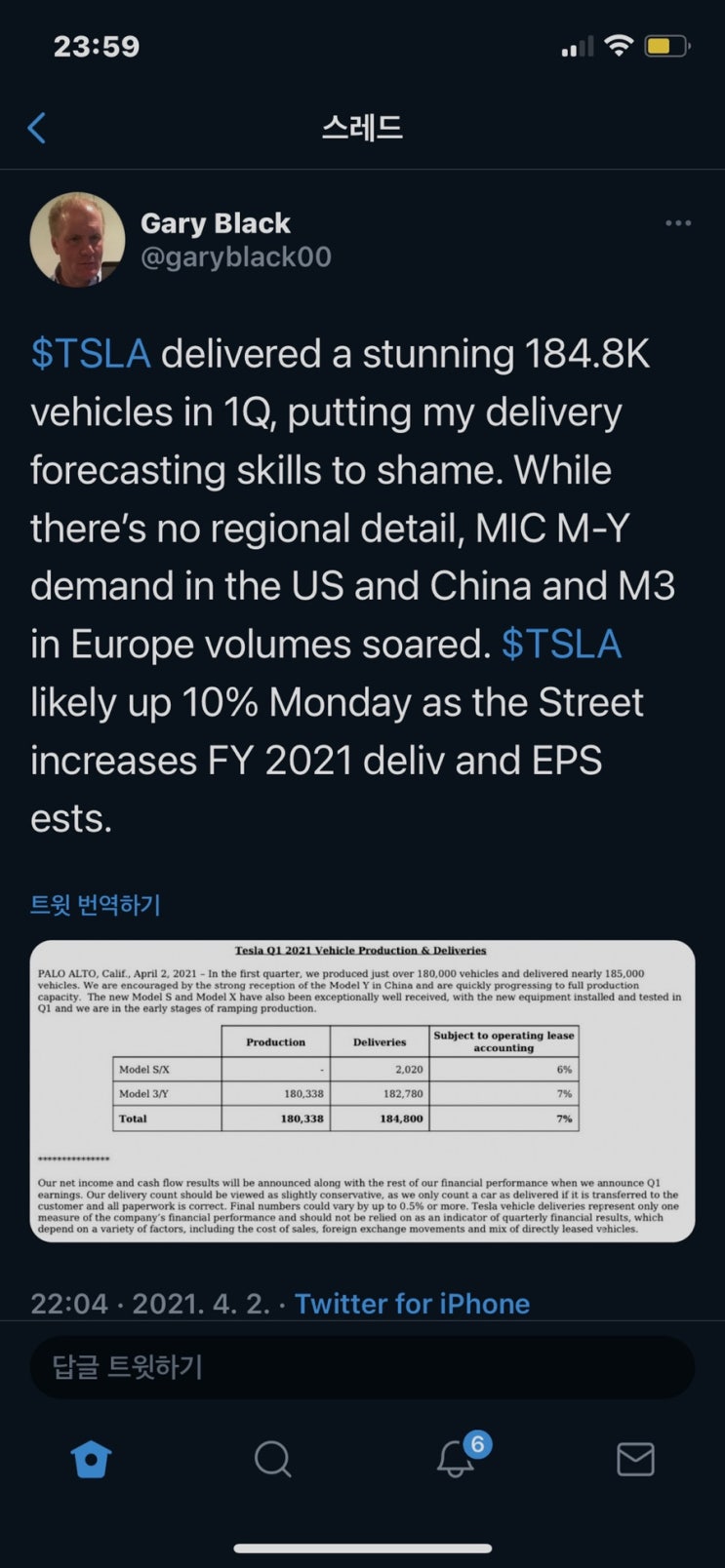 테슬라 1분기 인도량 발표 18만대 어닝 서프라이즈 예상 게리블랙 트위터 하반기 픽업트럭 세미