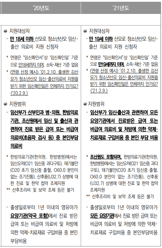  2021년 모자보건사업 안내 : 청소년 산모, 난임부부, 고위험 임산부, 미숙아, 선천성이상아, 저소득층 지원사업