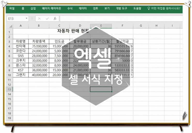 엑셀 셀 서식 지정 기능 사용하기