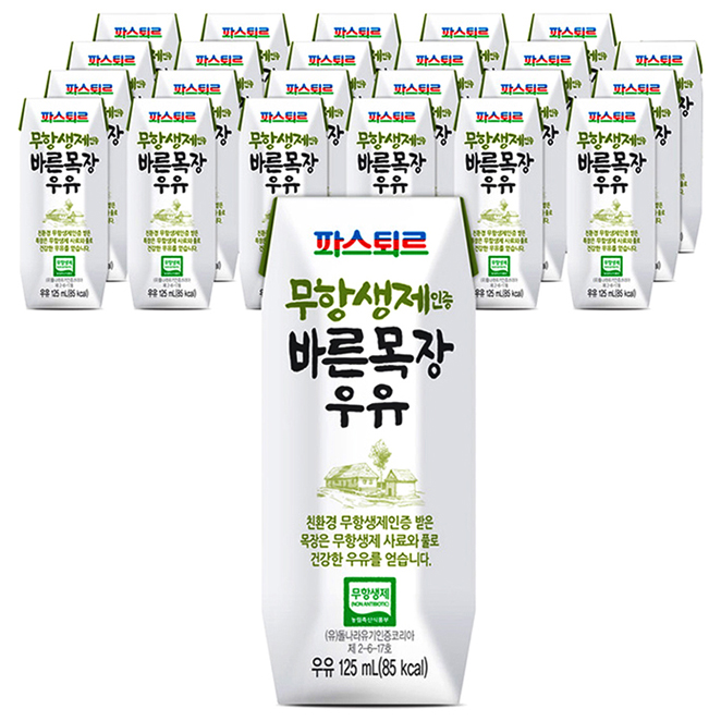 가성비 좋은 파스퇴르 무항생제 인증 바른목장 우유, 125ml, 24개입 좋아요 가성비 좋은 파스퇴르 무항생제 인증 바른목장 우유, 125ml, 24개입 좋아요