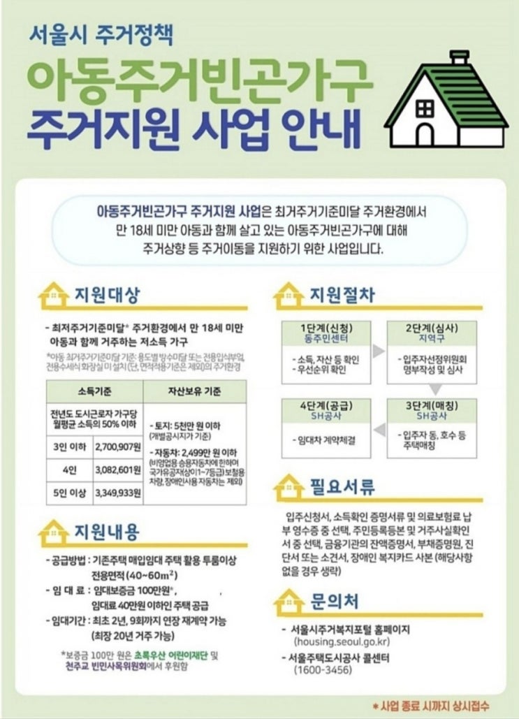 [서울시] 아동주거빈곤가구 주거지원 사업 안내