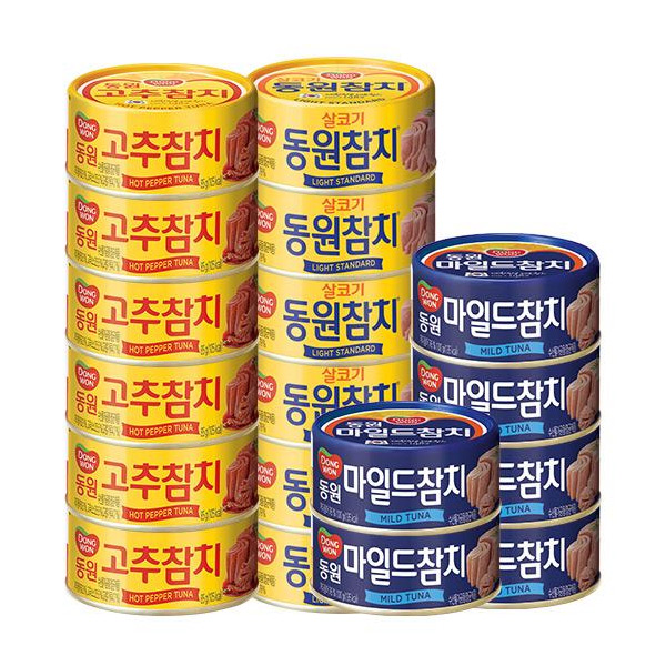 리뷰가 좋은 동원 마일드참치 + 라이트스탠다드참치 + 고추참치, 마일드참치100g x 6개 + 라이트스탠다드참치 85g x 6개 + 고추참치 85g x 6개, 1세트 추천해요