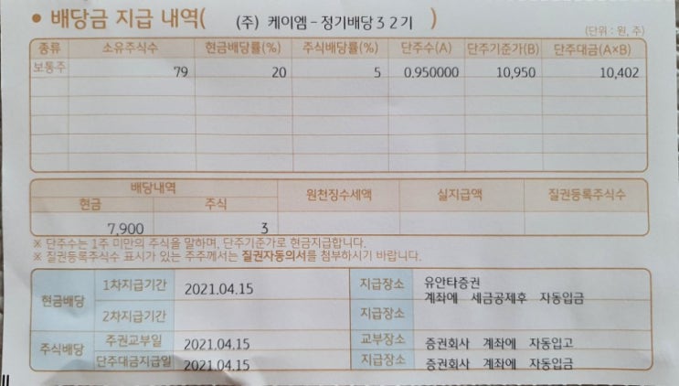  케이엠 배당