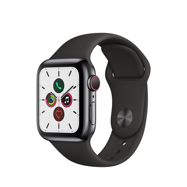 핵가성비 좋은 Apple 애플워치5 GPS + 셀룰러 40mm 스포츠밴드 + 스테인리스스틸 케이스, 블랙(MWX82KH/A), 블랙(밴드) ···