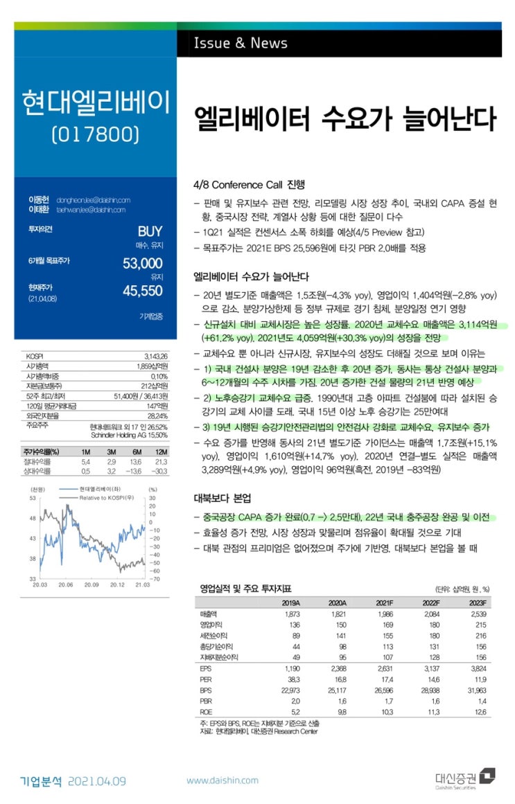  현대엘리베이터 (대신증권)