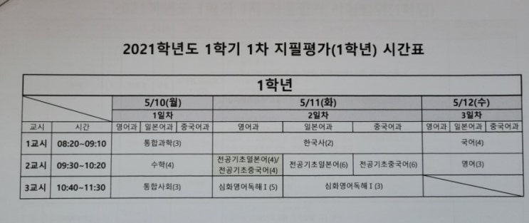  무서운 지필평가 시간표