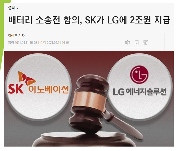  배터리 소송전 합의 (feat. SK가 LG에 2조원 지급)