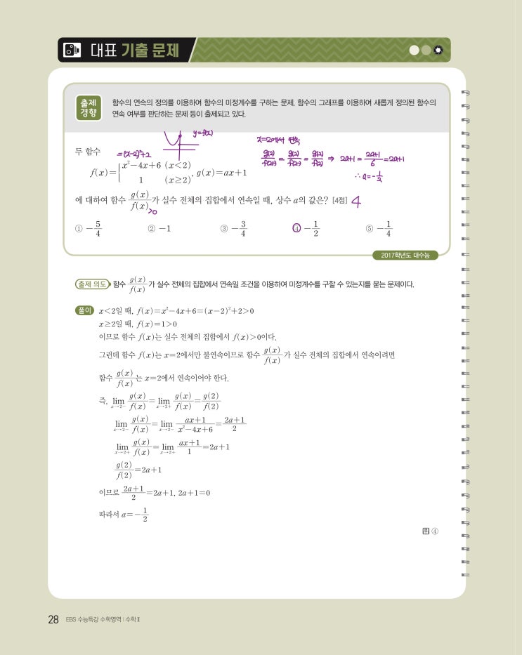 수능특강 수학2 p28, p29) 02 함수의 연속 대표 기출 문제 문제 및 풀이