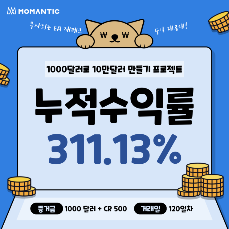 [120일차] 모맨틱FX 자동매매 수익인증 누적수익 3111.25달러