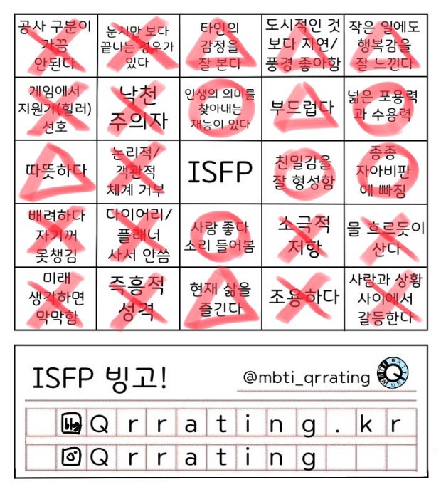  ENTJ의 다른 mbti 유형 빙고 (반대 유형 ISFP 빙고)