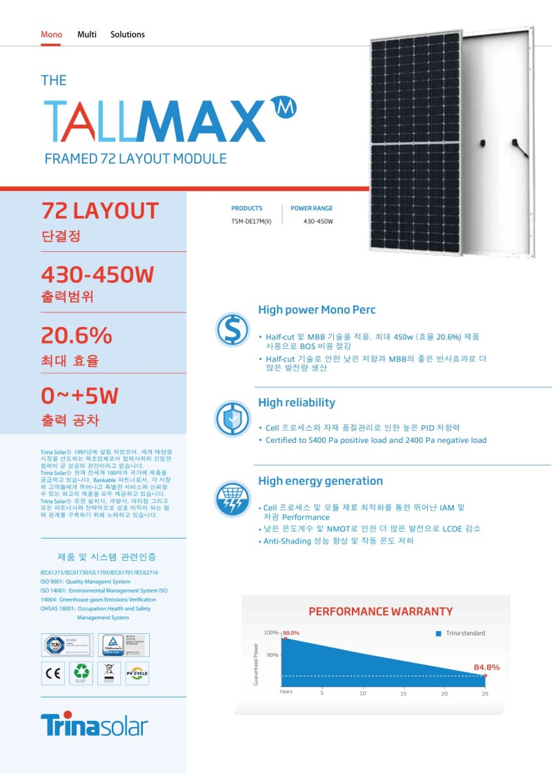 트리나 솔라, 단면형 모듈, TSM-DE17M(II) - 445W, 450W : 네이버 블로그