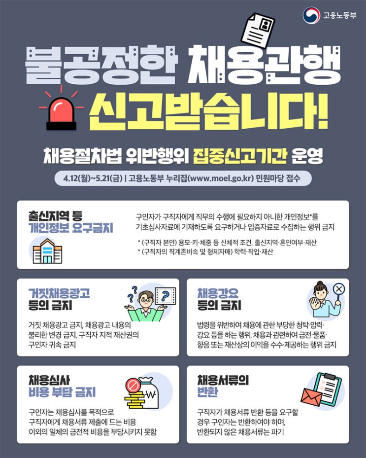 불공정한 채용관행 신고받습니다! 채용절차법 위반행위 집중신고기간 운영 불공정한 채용관행 신고받습니다! 채용절차법 위반행위 집중신고기간 운영