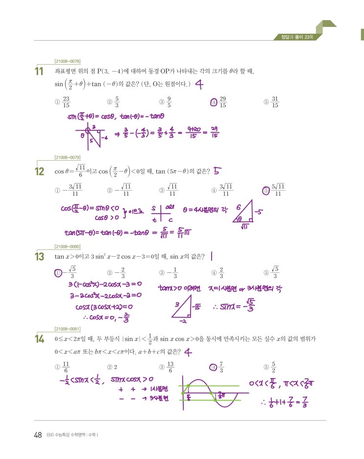 수능특강 수학1 p48) 03 삼각함수의 뜻과 그래프 level 1 문제 및 풀이 2