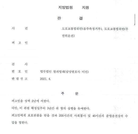  도로교통법위반(음주측정거부와 무면허운전) 집행유예 선고 사례