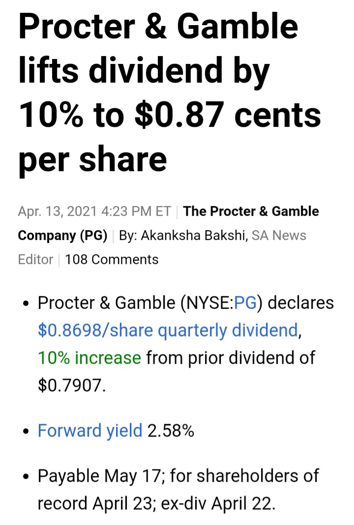P&G(프록터&갬블) 배당금 인상 공시