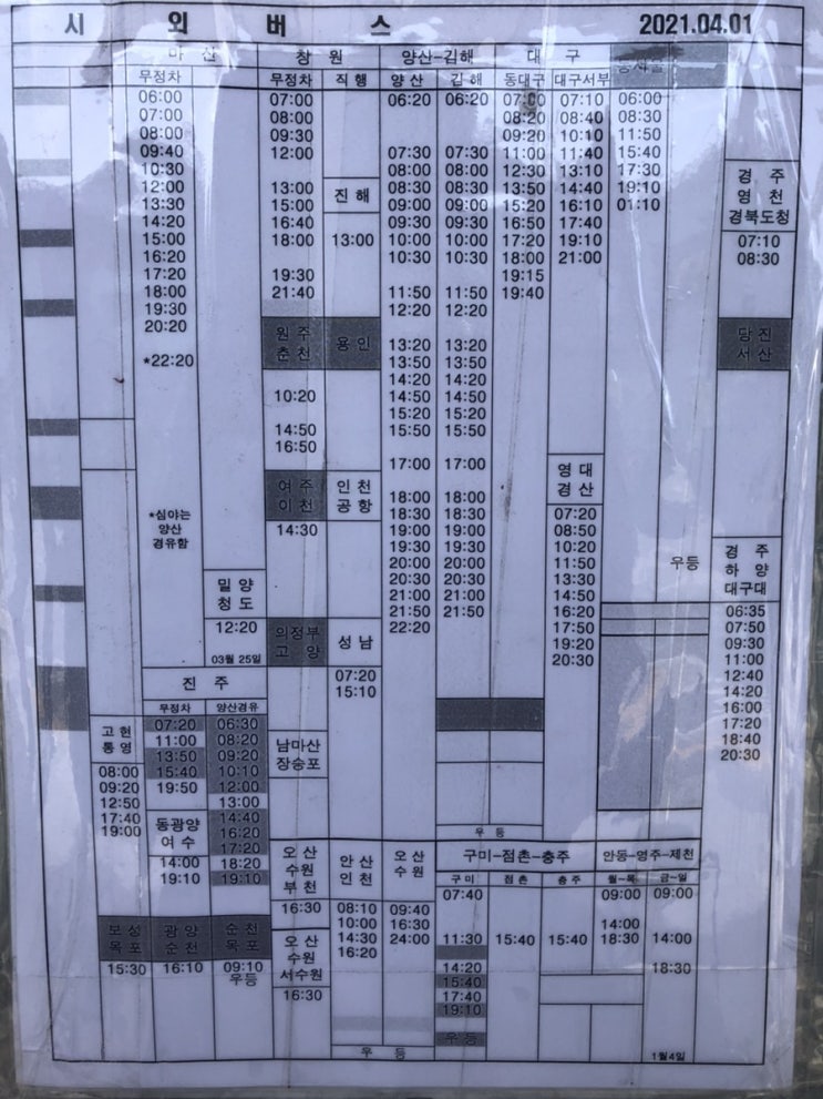  최신 21.04.01 울산 신복시외버스터미널 시간표, 울산 신복로타리 시외버스 시간표