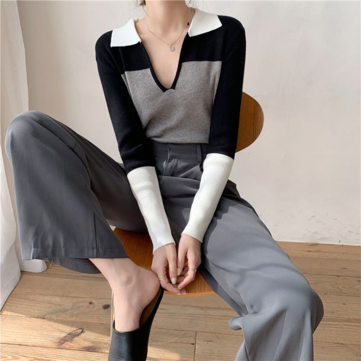 구매평 좋은 POLO 넥 스웨터 여성 겨울 가을 이너웨어 멜란 니트셔츠 풀오버 후드 긴 소매 스키니핏 퍼 추천해요