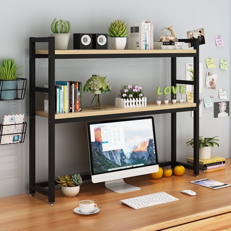 인기 급상승인 책상 정리 선반 책상위 철제 2단 책장 탁상용 선반 간단한 저장 학생 사무실 다중 층 간단한 작은 책꽂이, 95cm 오크 + 블랙프레임 추천합니다