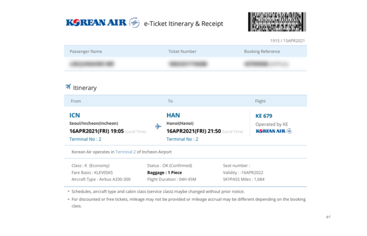 4월 16일 하노이 특별입국 대한항공 KE 679편 19:05분. 무엉탄 하노이 호텔 격리 확정 4월 16일 하노이 특별입국 대한항공 KE 679편 19:05분. 무엉탄 하노이 호텔 격리 확정