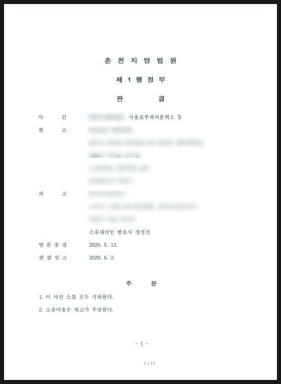  행정소송 승소, 사용료부과처분취소 사례