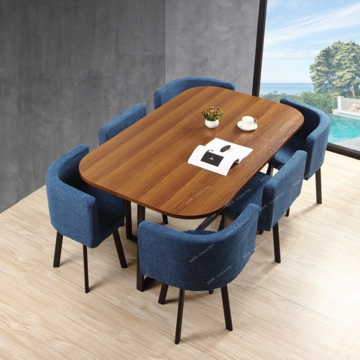 핵가성비 좋은 6인용 식탁 다이닝 티 테이블 카페 홈바 라운지 투톤 컬러 식탁 의자 세트, 파란색천의자 갈색테이블 좋아요