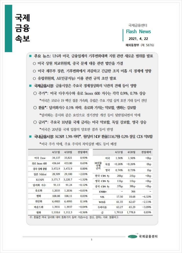 [4.22] UN과 미국, 금융업계의 기후변화대책 지원 관련 새로운 범위를 발표 등, 국제금융속보