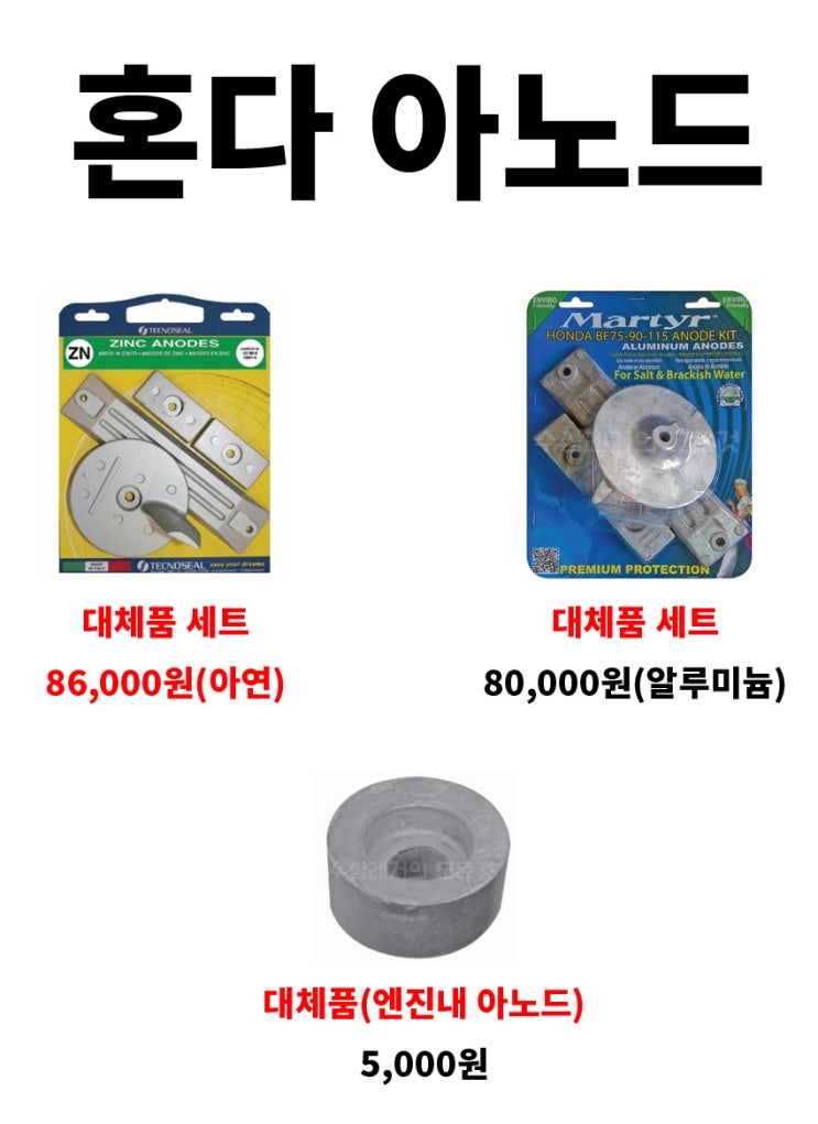  혼다 선외기 아연 아노드(애노드) 75마력/90마력, 엔젠내 아노드, 하부아노드 파트번호 및 금액