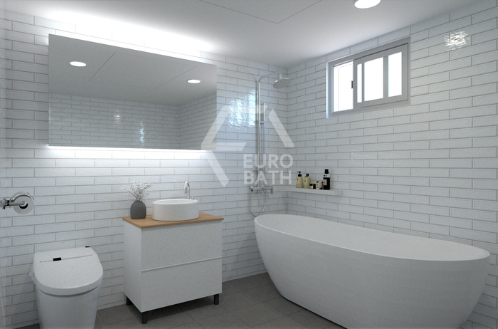 화이트 벽돌 타일, 이동식 욕조 욕실 디자인
