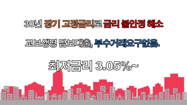 금리인상시기에는 30년 장기고정금리로 부수거래요구없이 최저 3.05%~ 교보생명담보대출 상담사에 직접 안내받으세요.