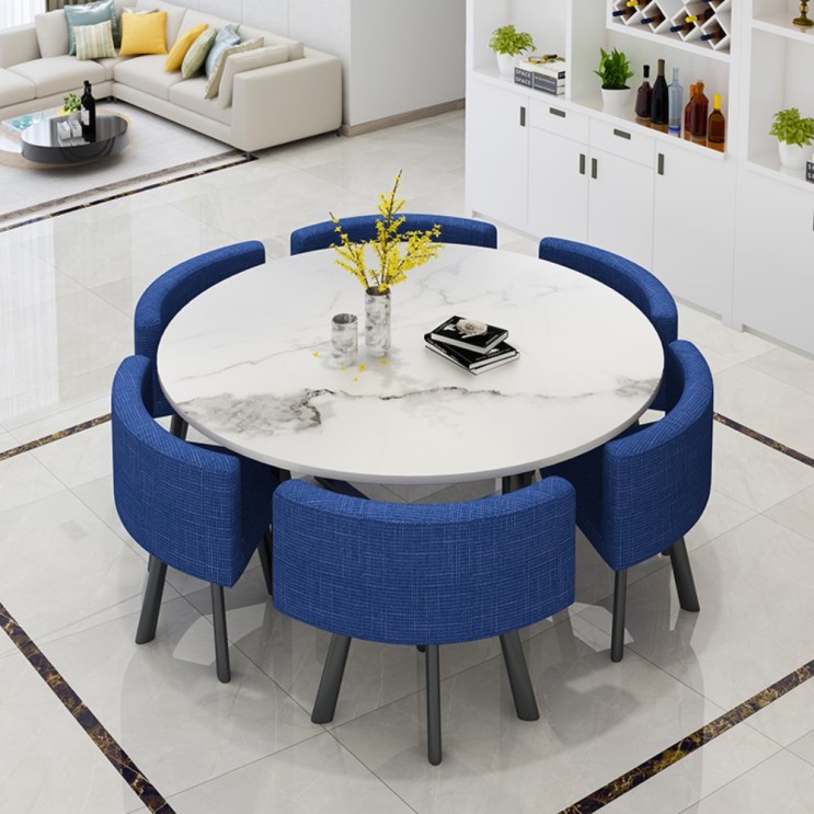 가성비 뛰어난 6인용 티 테이블 거실 응접실 회의실 식당 카페 홈바 라운지 투톤 컬러 식탁 의자 세트, 파란색 원형 대리석 무늬 + 파란색 천 좋아요