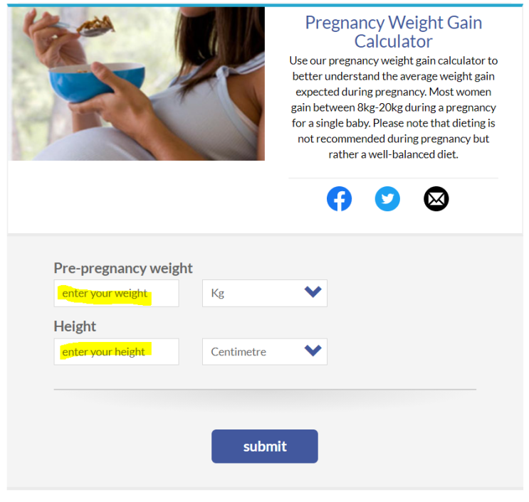 임산부 체중 증가, 임신 주수별 평균 체중 계산기
