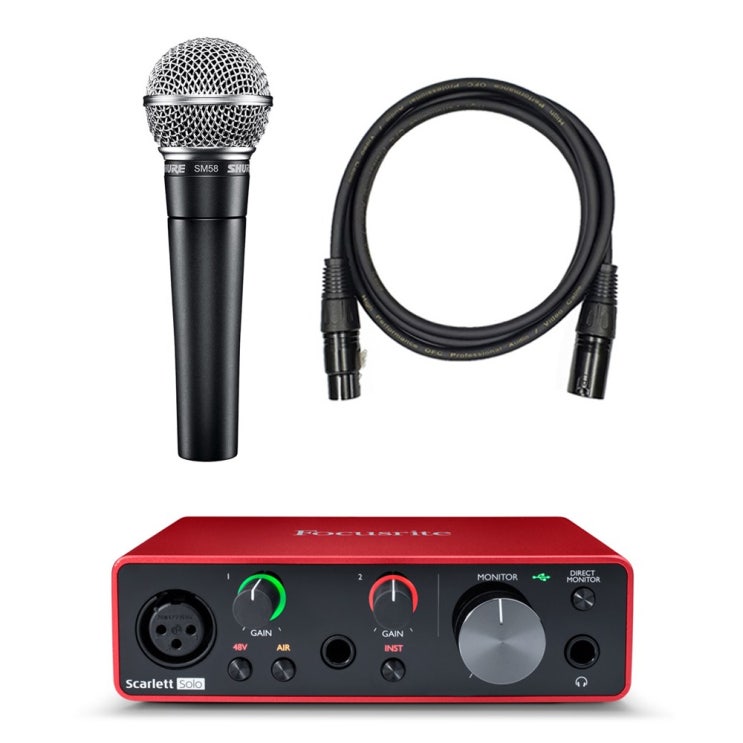 최근 인기있는 SHURE SM58 K-LC 슈어 정품 다이나믹 마이크, SM58 K-LC 다이나믹 마이크 + 오디오 인터페이스 스칼렛 solo 3세대 패키지 추천해요