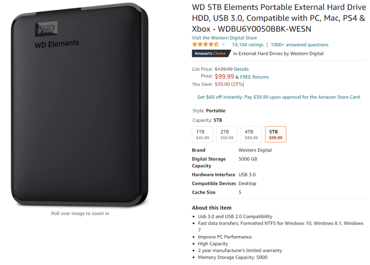  WD 5TB 외장하드 아마존 한국직배송 구입 WD 5TB Elements Portable External Hard Drive HDD(WDBU6Y0050BBK-WESN)